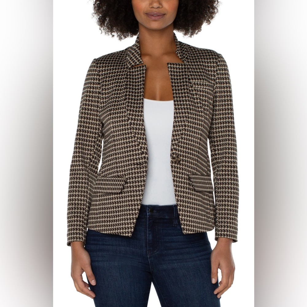 Liverpool Houndstooth Notch-Collar Blazer in Brown and Black